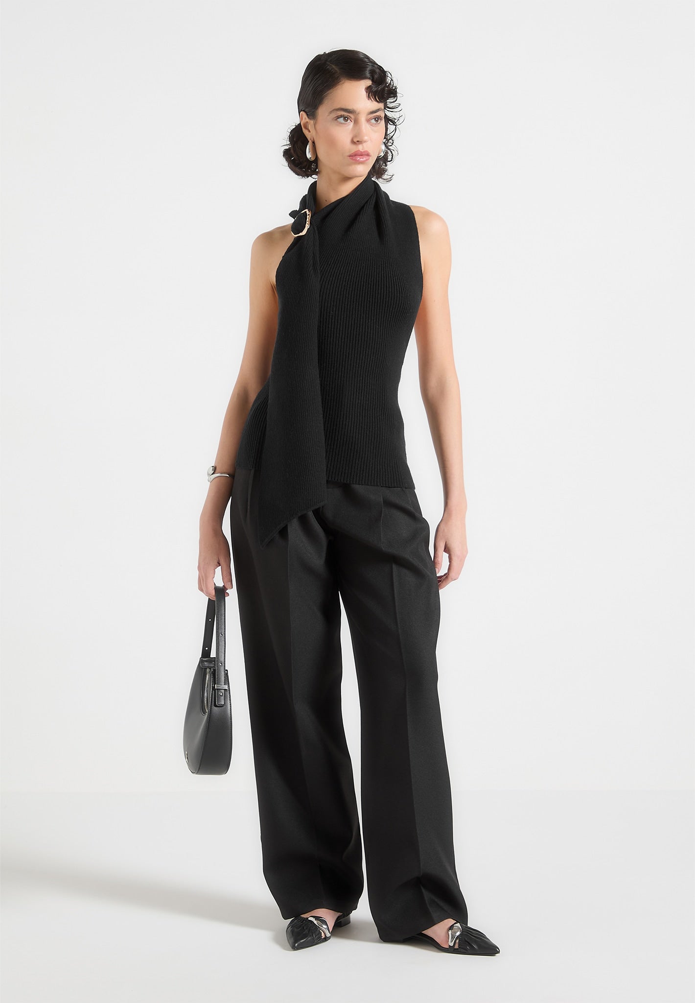 Knitted Draped Halterneck Top - Black
