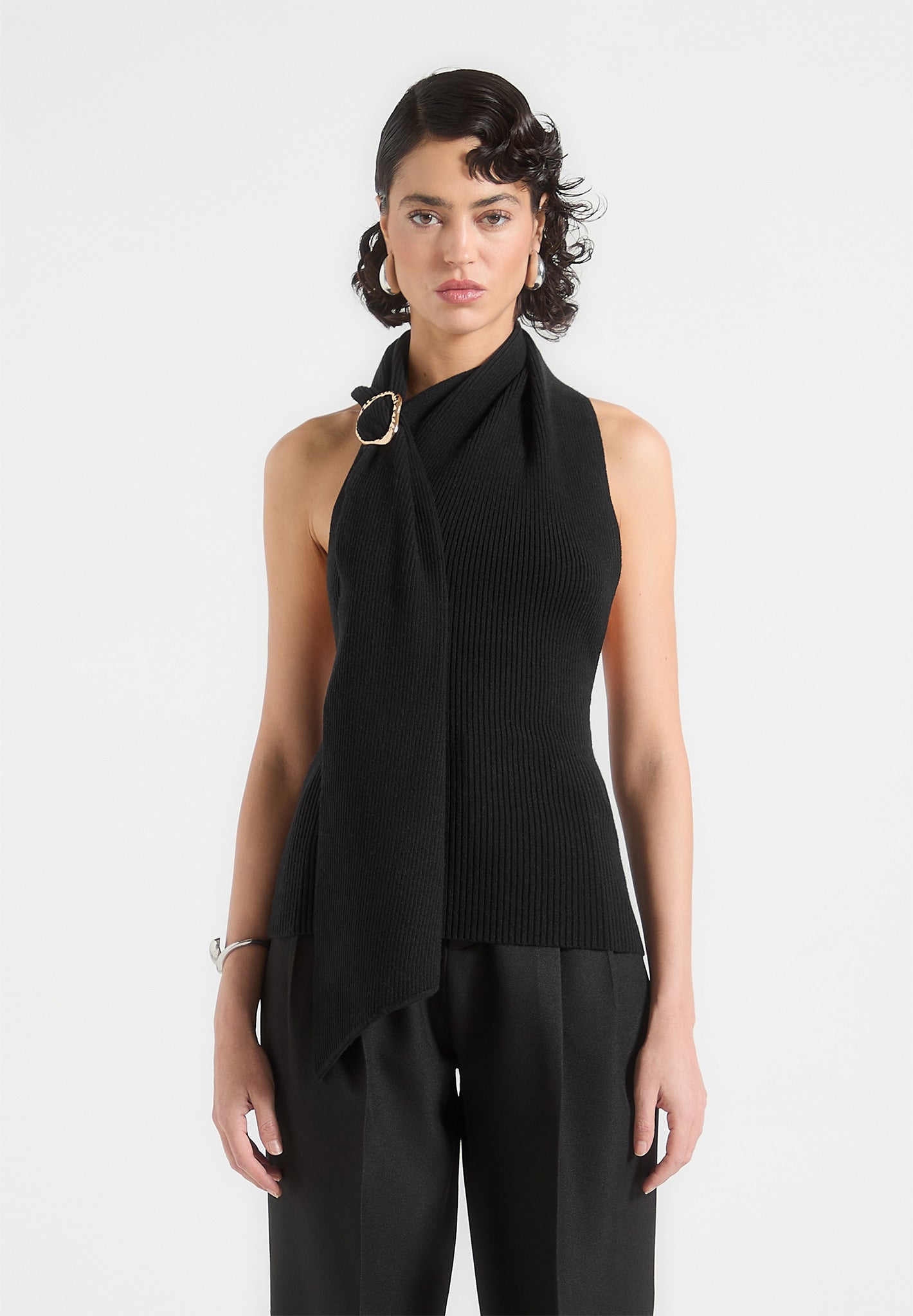 Knitted Draped Halterneck Top - Black