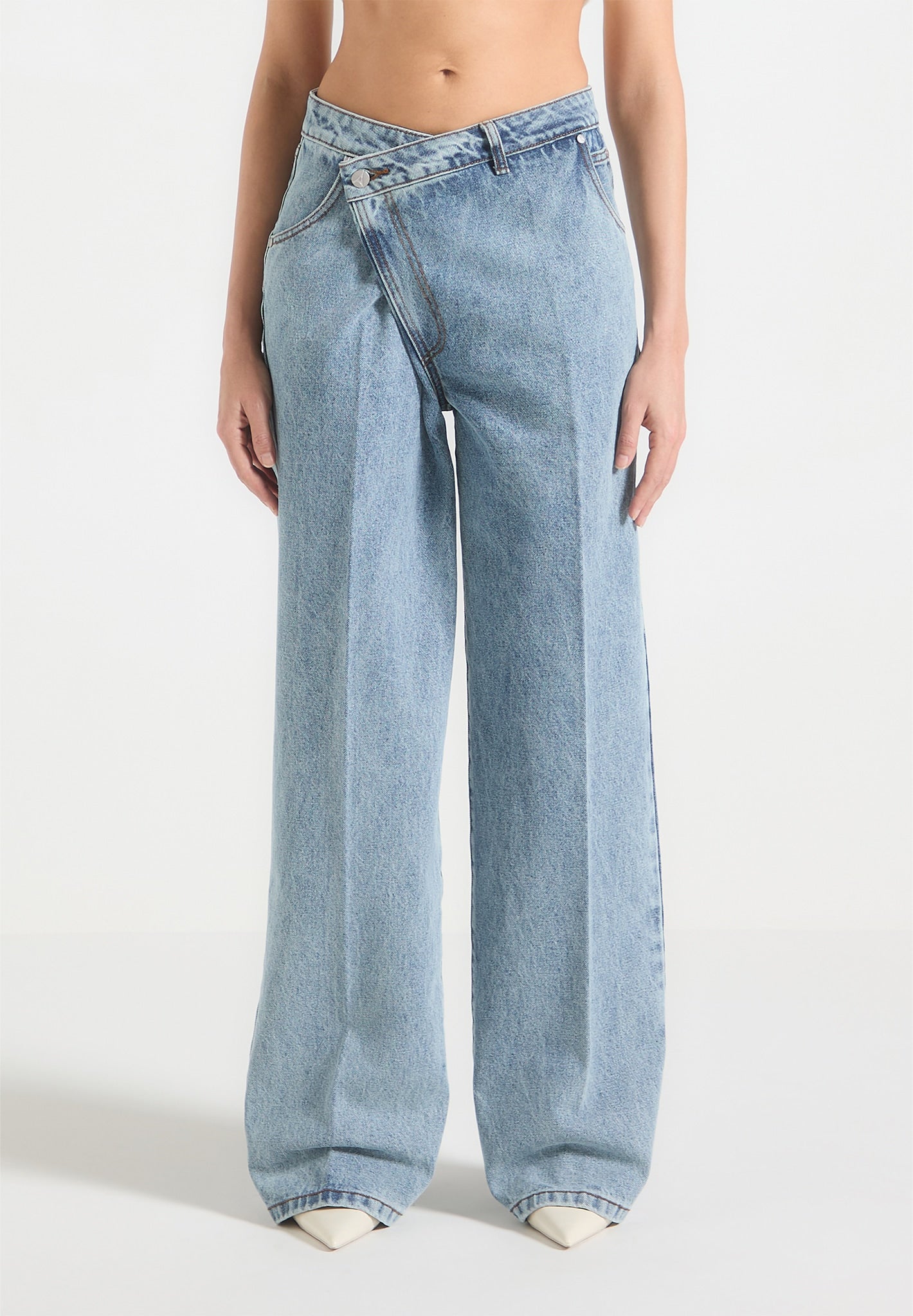 Wrapover Baggy Jeans - Mid Blue