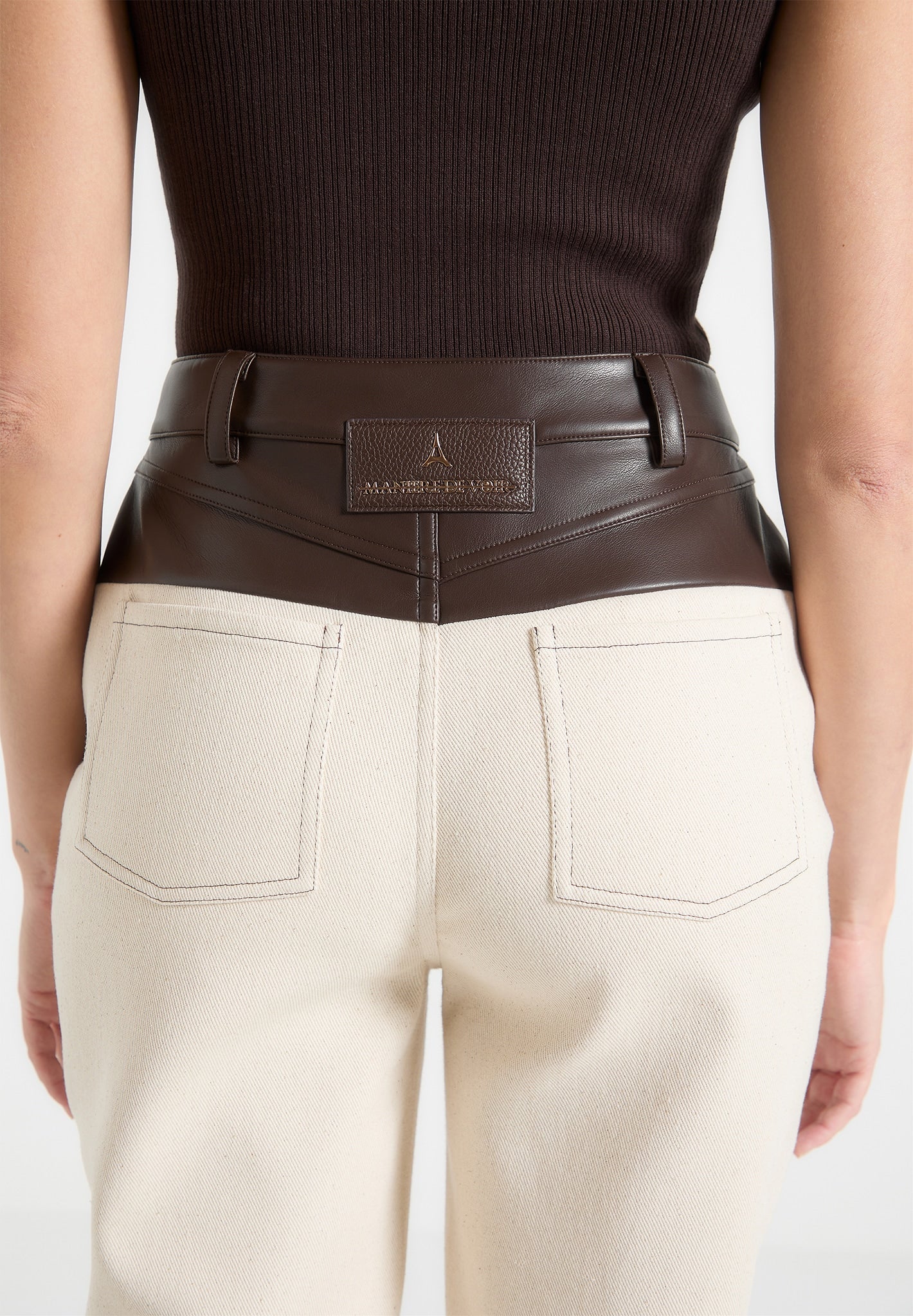 Leather & Denim Boyfriend Jeans - Cream/Brown