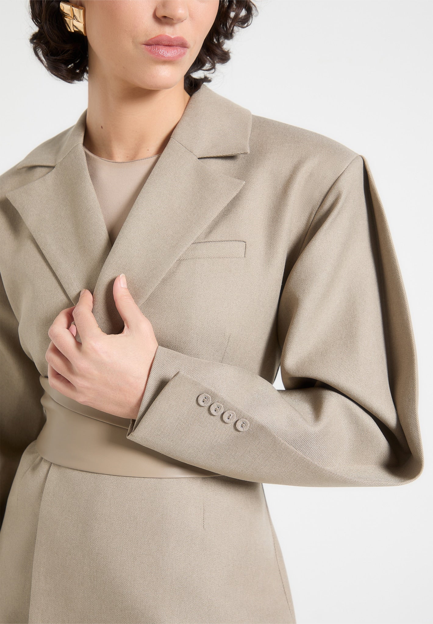 Twist Sleeve Tailored Blazer with Belt - Taupe