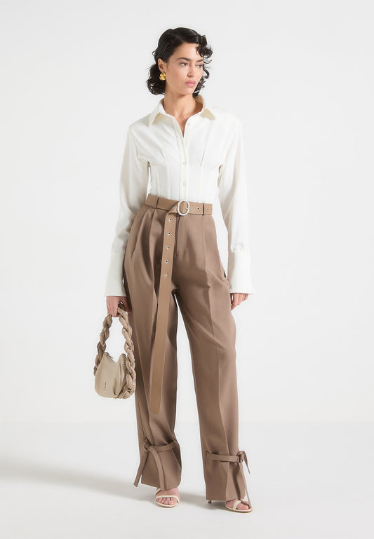 Tailored Trousers with Oversized Belt and Ankle Ties - Taupe