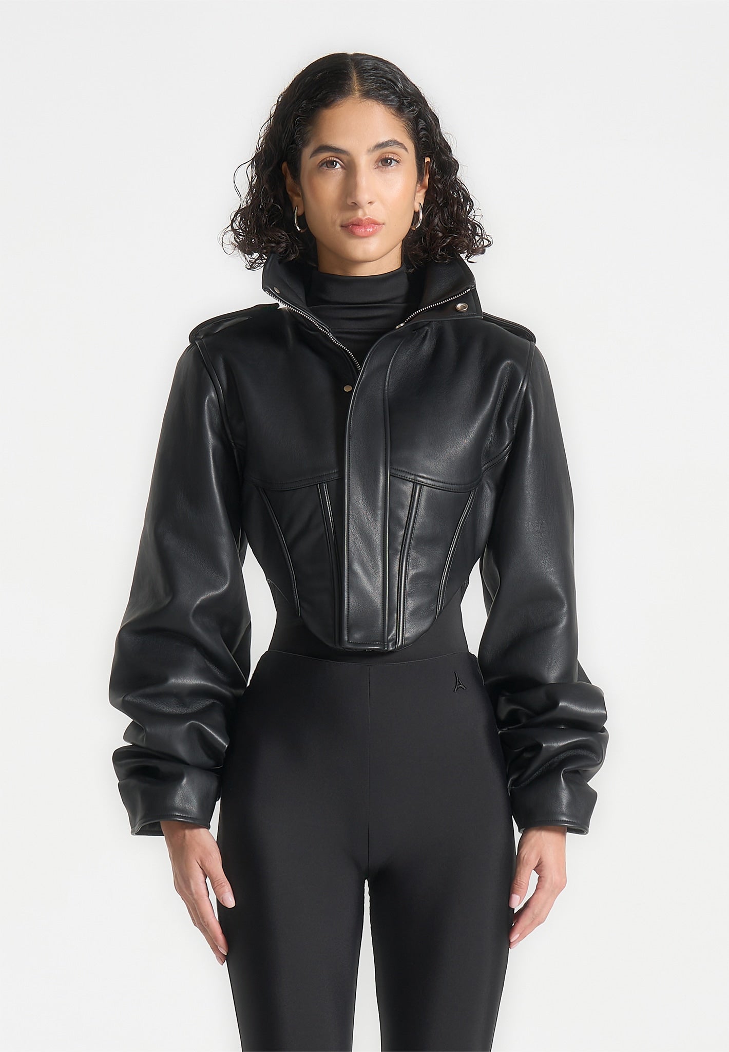 Leather Tacked Sleeve Corset Jacket - Black