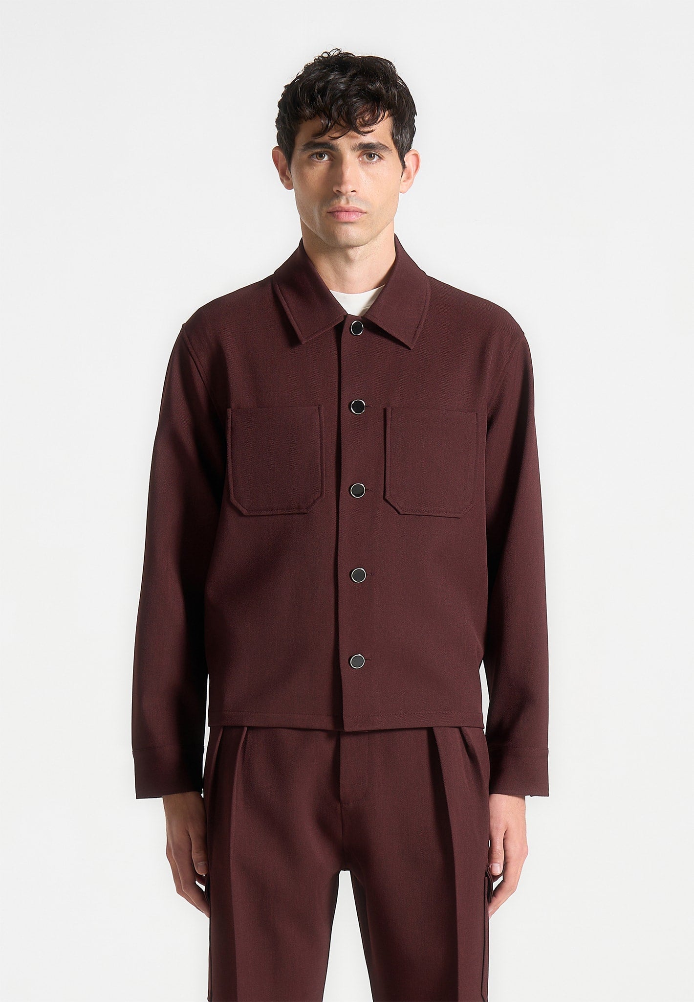 Twill Pocket Cropped Shirt - Wine Red