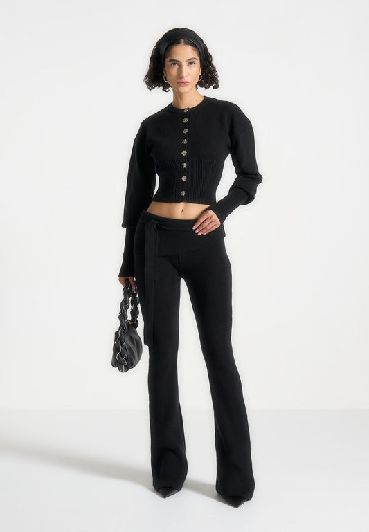 Knitted Fit & Flare Leggings with Belt - Black