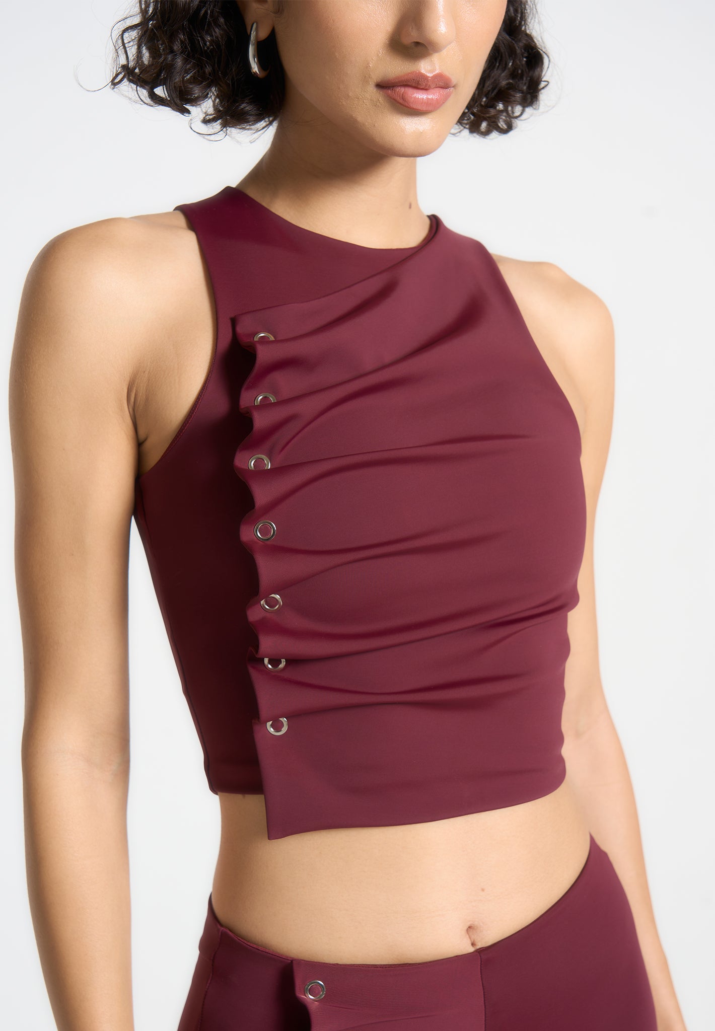 Eyelet Detail Tacked Racer Top  - Wine Red
