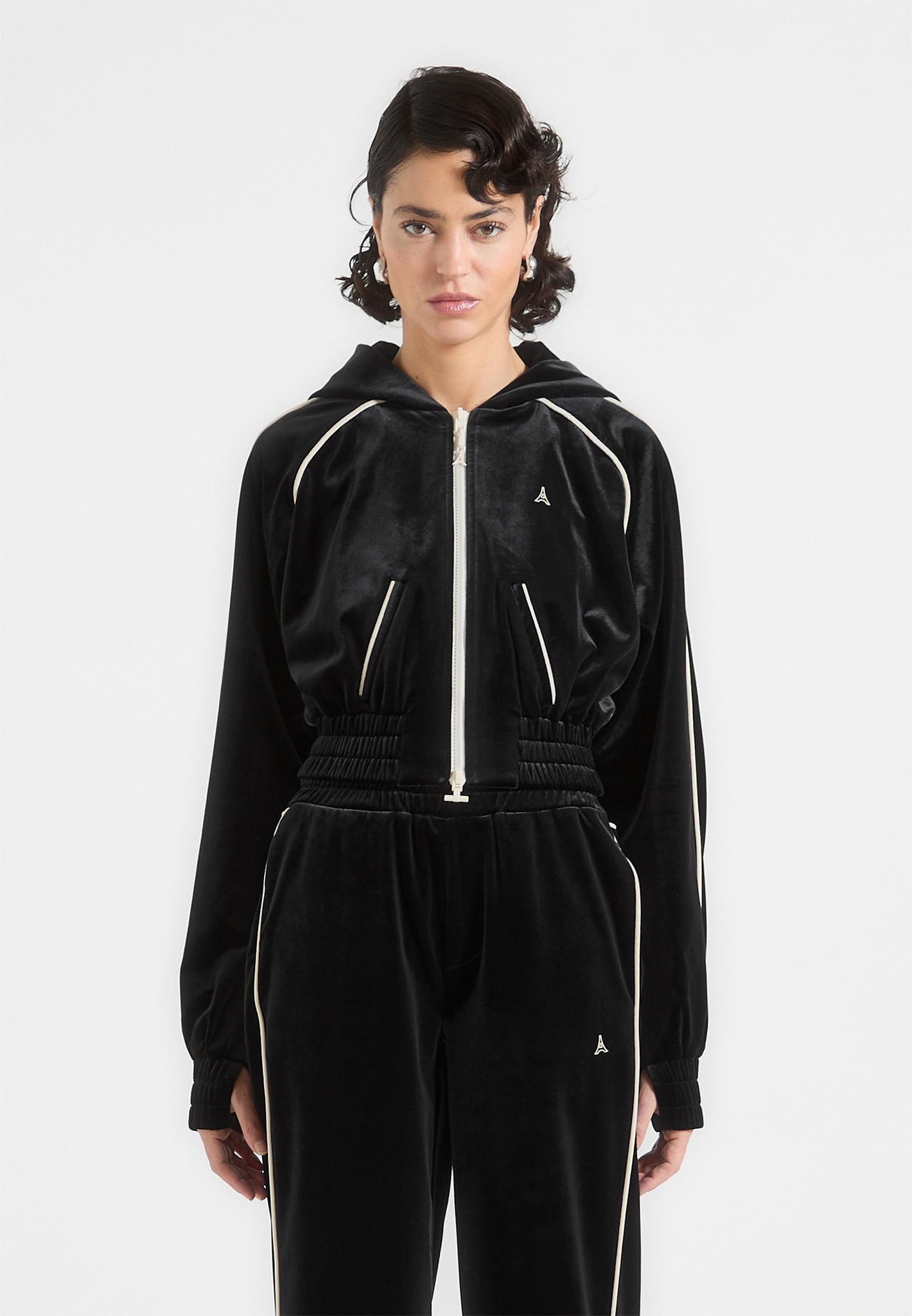 Eiffel Velour Zip Through Hoodie - Black