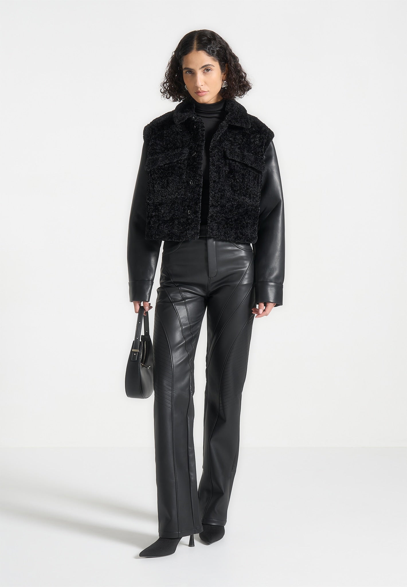 Plush Jacket With Leather Sleeves - Black