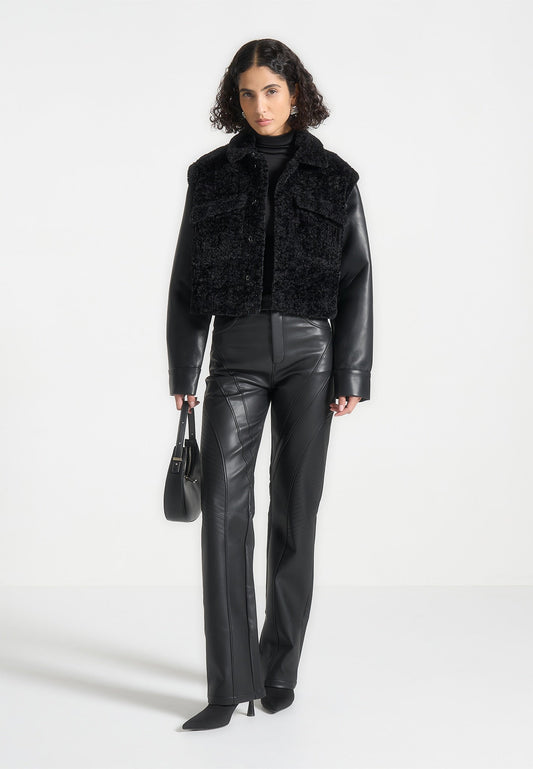 Plush Jacket With Leather Sleeves - Black