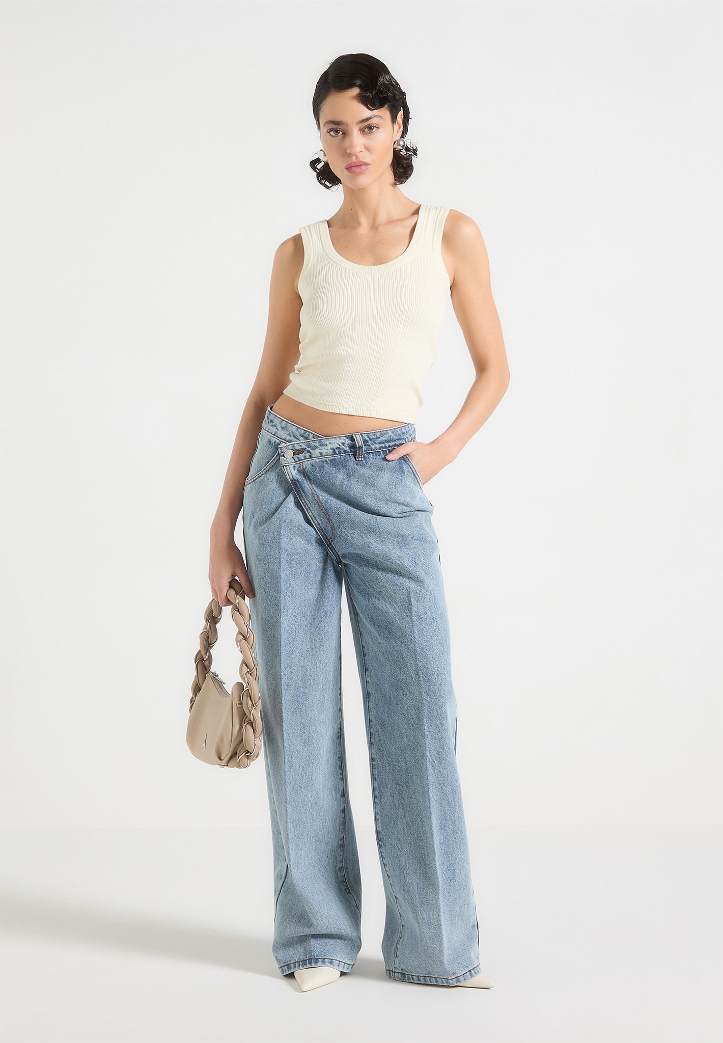 Wrapover Baggy Jeans - Mid Blue