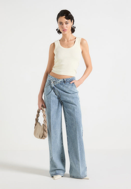 Wrapover Baggy Jeans - Mid Blue