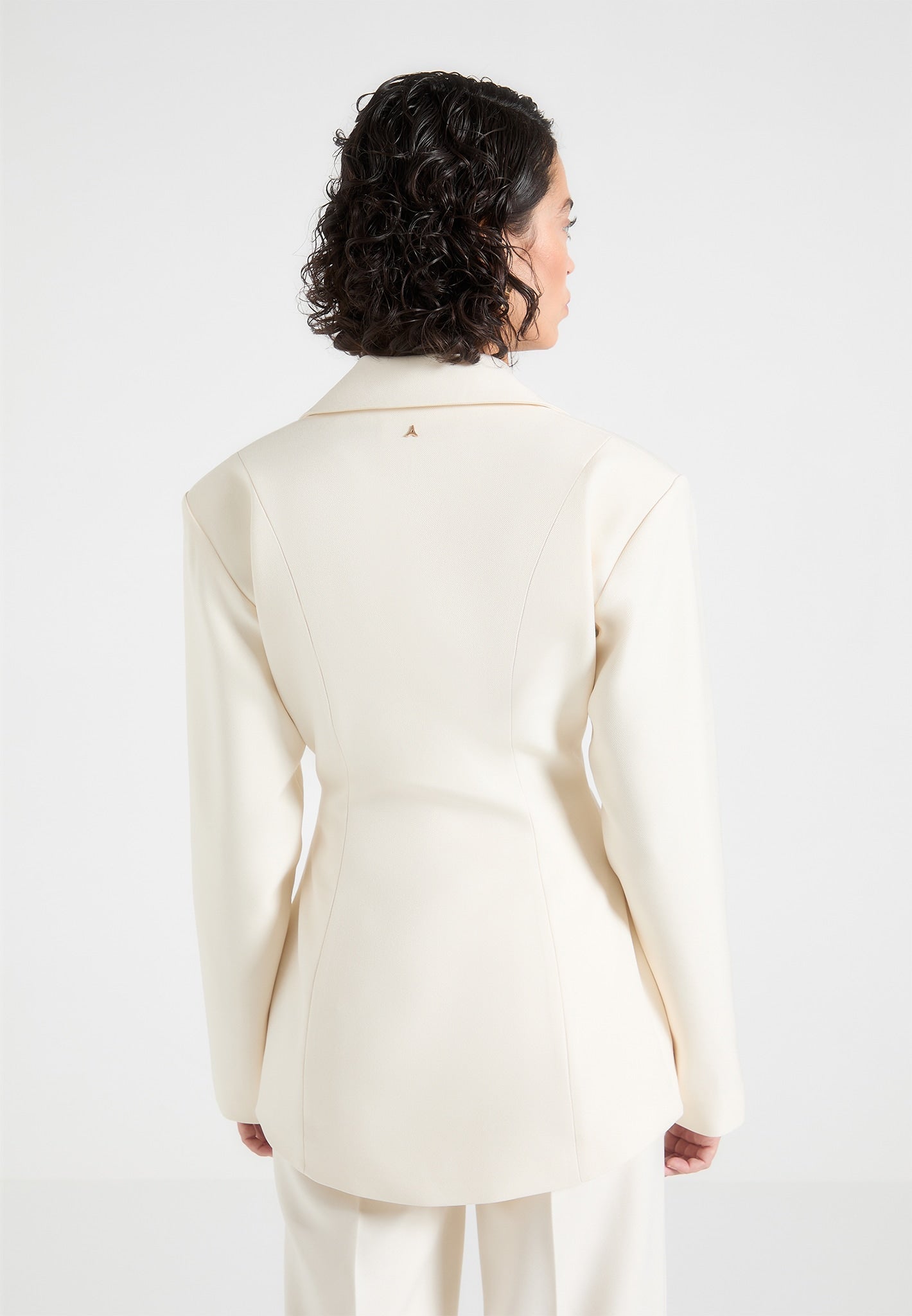Wide Shoulder Cinch Waist Blazer - Cream