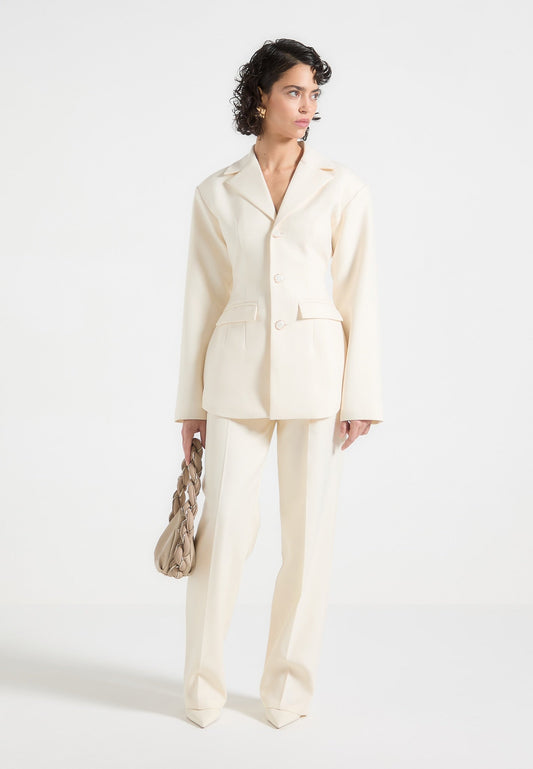 Wide Shoulder Cinch Waist Blazer - Cream