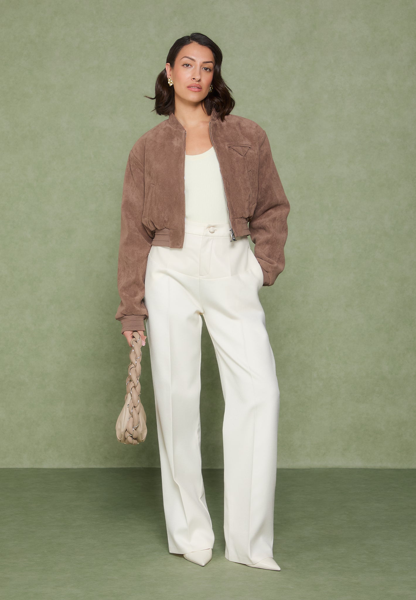 Leather Panel Tailored Trousers - Cream