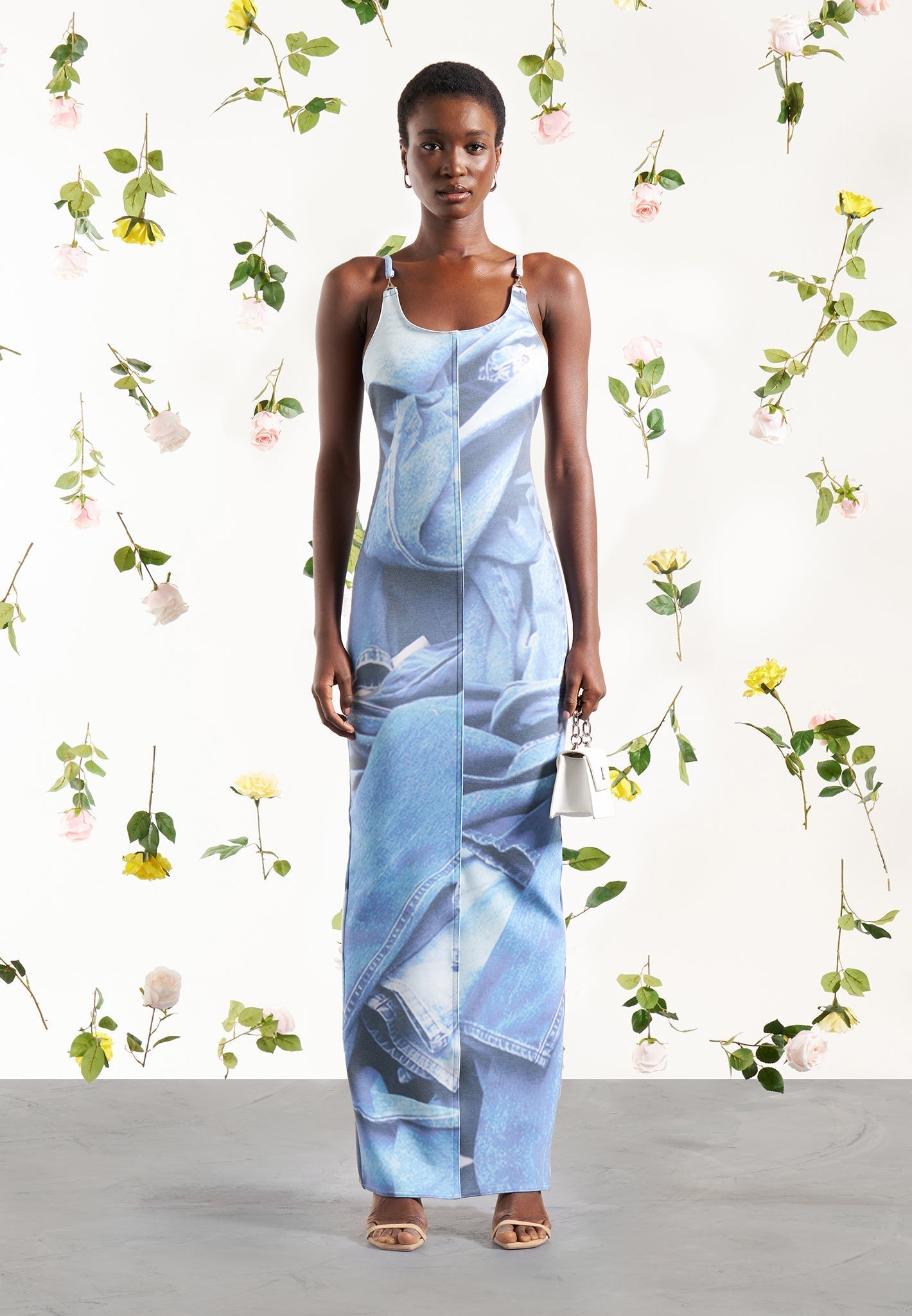 Printed Denim Effect Maxi Dress - Blue