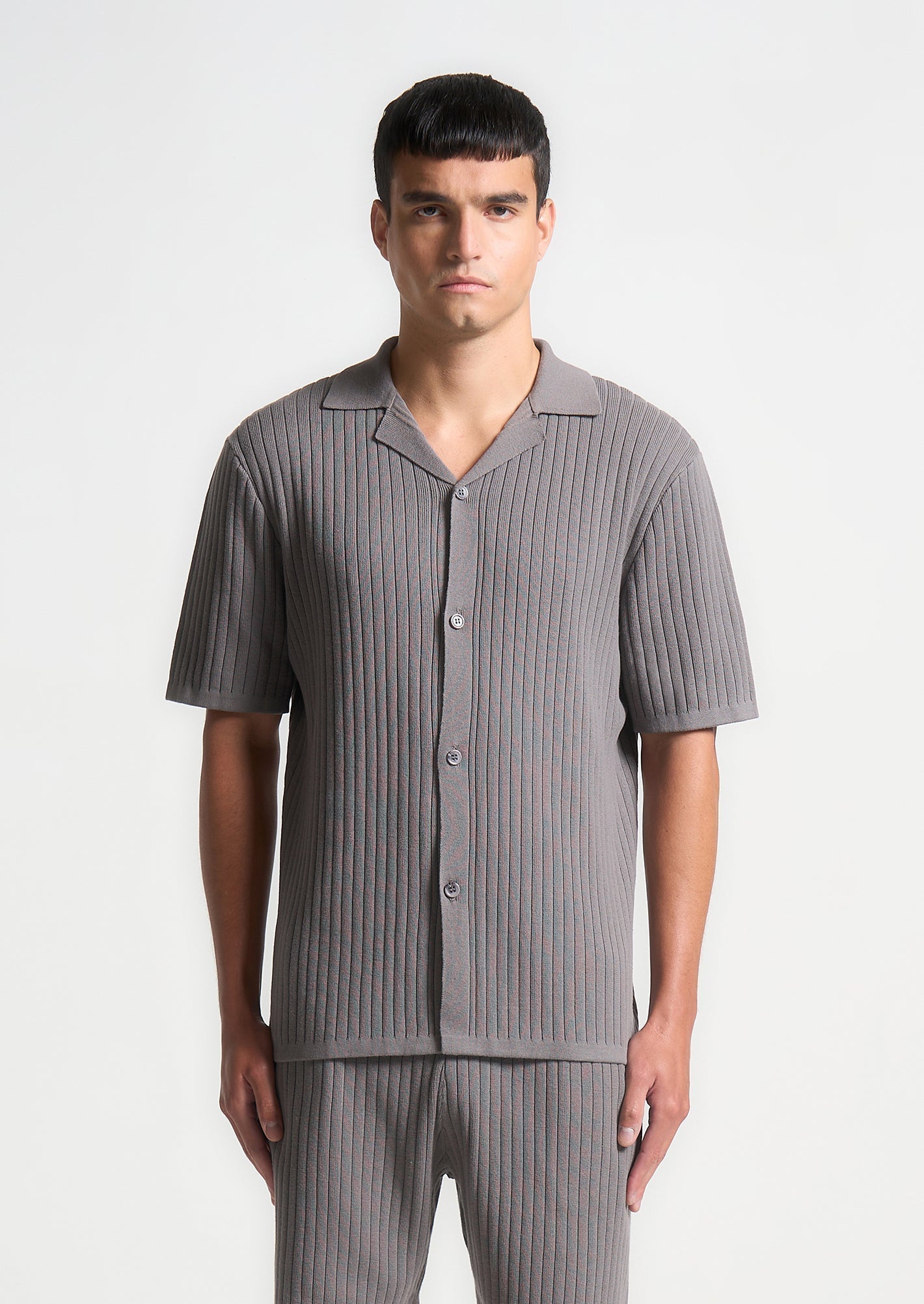 Ribbed Knit Revere Shirt - Grey
