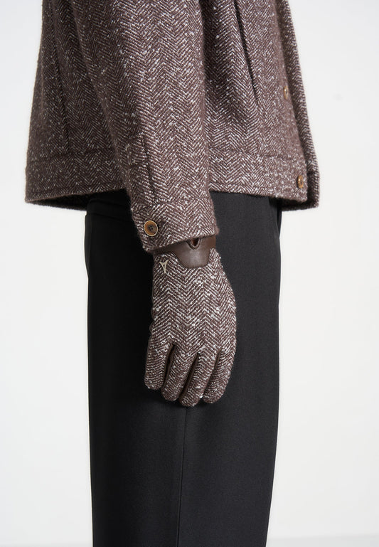 Leather and Herringbone Gloves - Brown